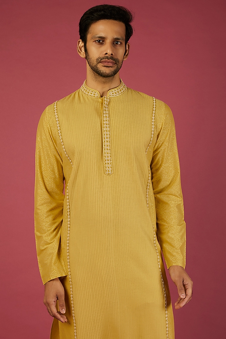 Yellow Tussar Printed & Embroidered Kurta Set by Krishna Mehta Men at Pernia's Pop Up Shop