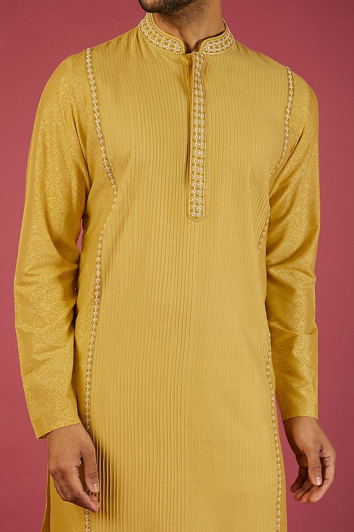 Yellow Tussar Printed & Embroidered Kurta Set by Krishna Mehta Men at Pernia's Pop Up Shop