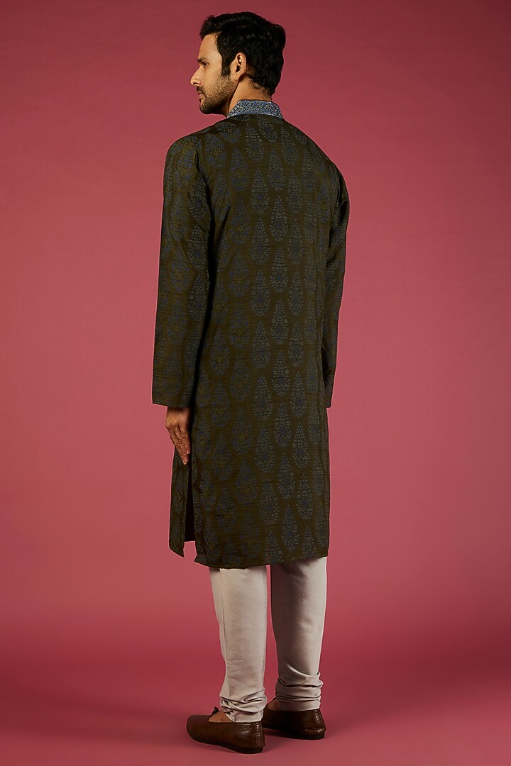 Bottle Green Tussar Floral Printed & Mirror Embroidered Kurta Set by Krishna Mehta Men at Pernia's Pop Up Shop