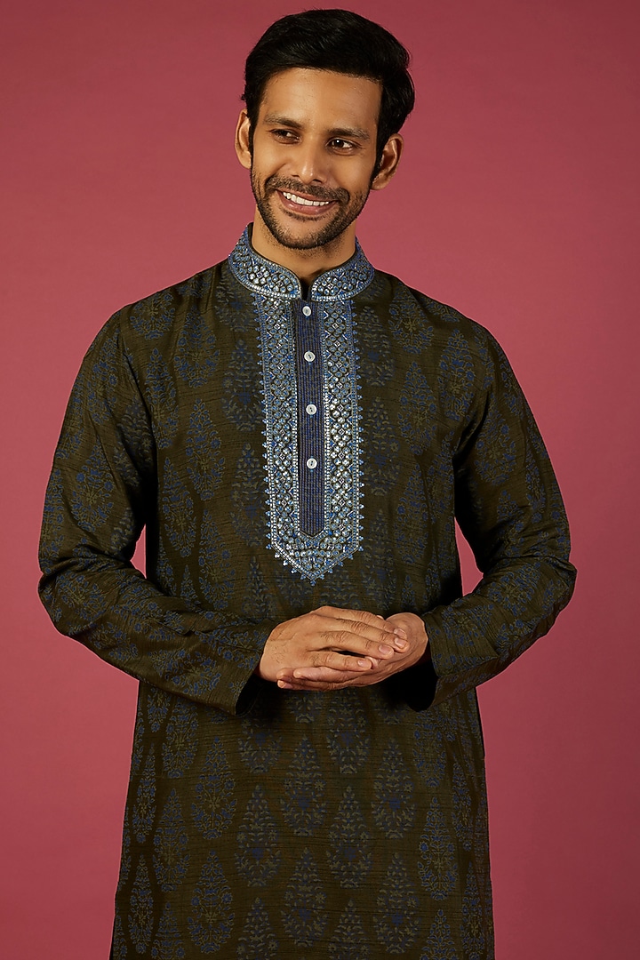 Bottle Green Tussar Floral Printed & Mirror Embroidered Kurta Set by Krishna Mehta Men at Pernia's Pop Up Shop