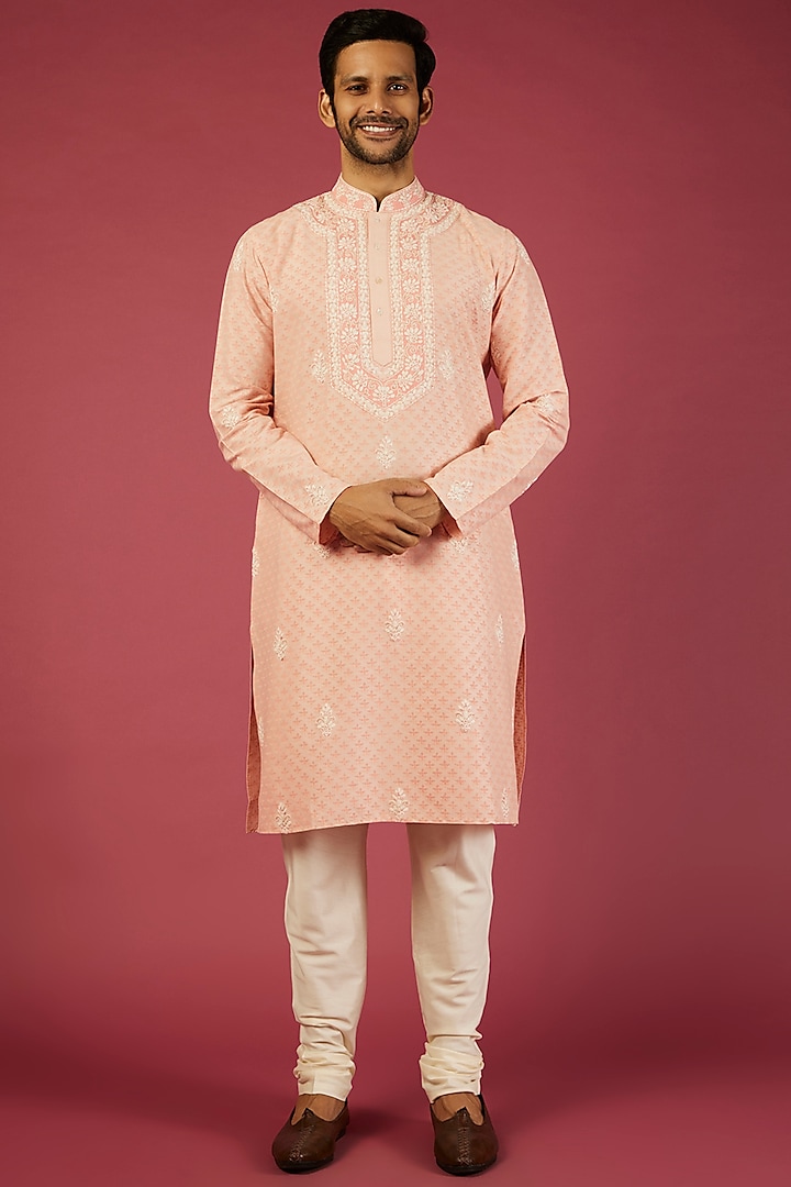 Peach Tussar Floral Printed Kurta Set by Krishna Mehta Men