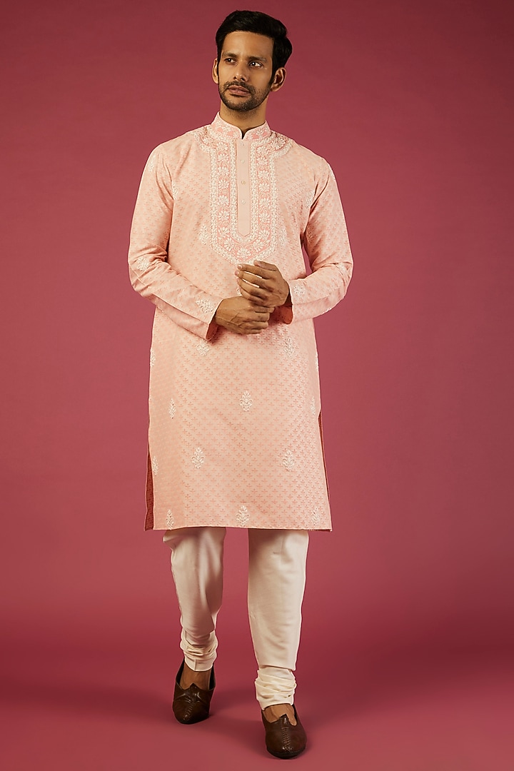 Peach Tussar Floral Printed & Thread Embroidered Kurta Set by Krishna Mehta Men at Pernia's Pop Up Shop