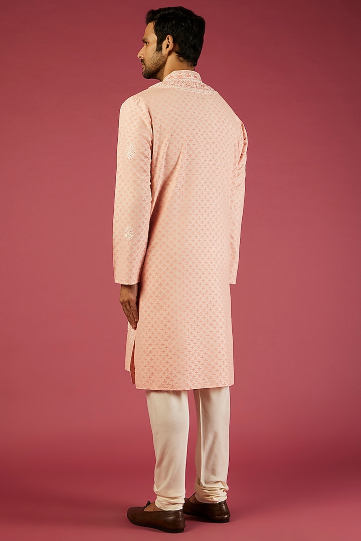 Peach Tussar Floral Printed & Thread Embroidered Kurta Set by Krishna Mehta Men at Pernia's Pop Up Shop