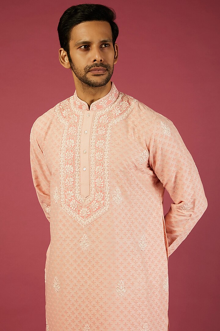 Peach Tussar Floral Printed & Thread Embroidered Kurta Set by Krishna Mehta Men at Pernia's Pop Up Shop