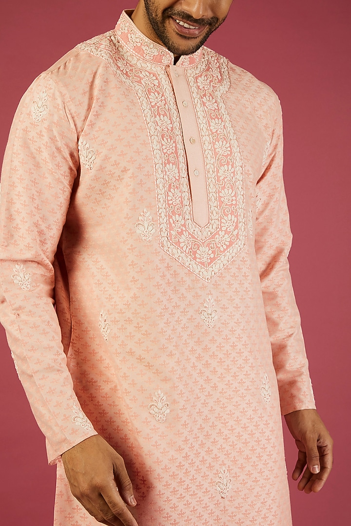 Peach Tussar Floral Printed & Thread Embroidered Kurta Set by Krishna Mehta Men at Pernia's Pop Up Shop
