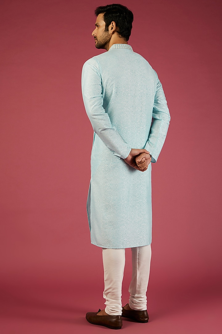 Sky Blue Tussar Printed Kurta Set by Krishna Mehta Men at Pernia's Pop Up Shop