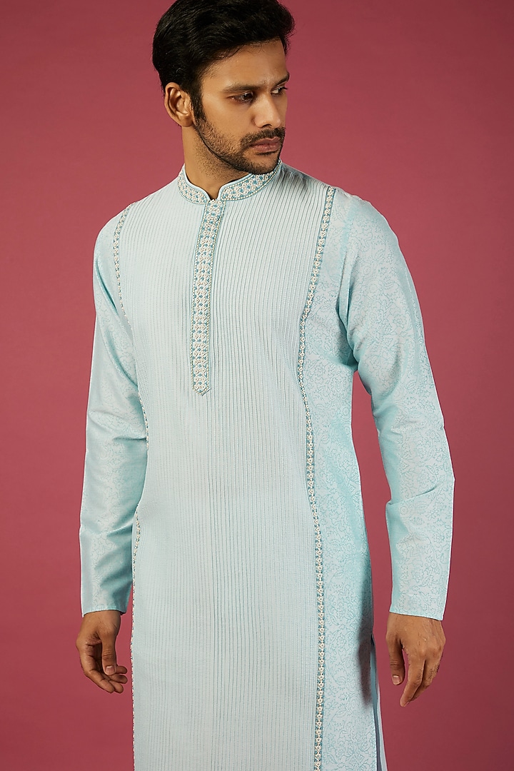 Sky Blue Tussar Printed Kurta Set by Krishna Mehta Men at Pernia's Pop Up Shop
