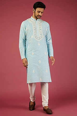 Sky Blue Tussar Embroidered Kurta Set by Krishna Mehta Men