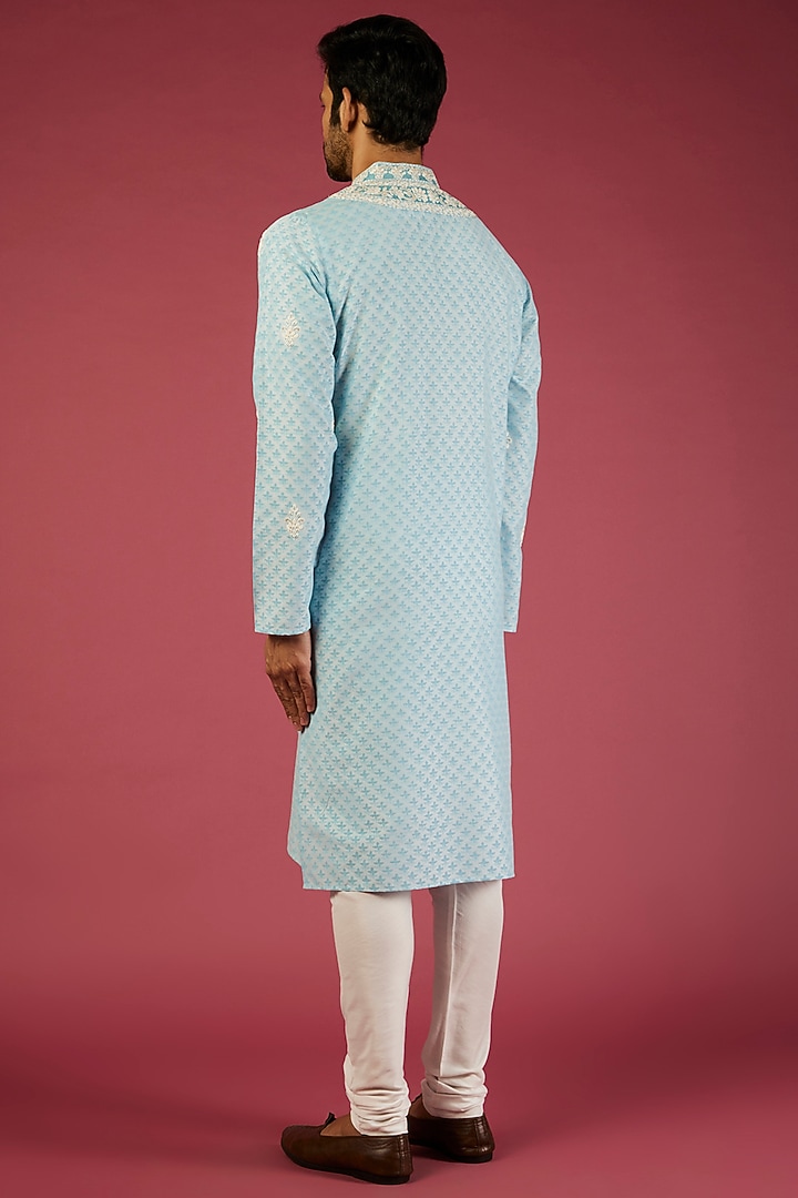 Sky Blue Tussar Embroidered Kurta Set by Krishna Mehta Men at Pernia's Pop Up Shop
