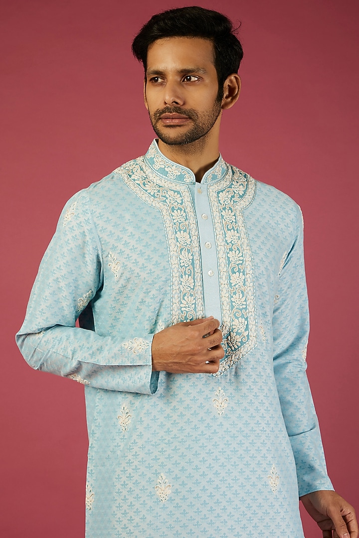 Sky Blue Tussar Embroidered Kurta Set by Krishna Mehta Men at Pernia's Pop Up Shop