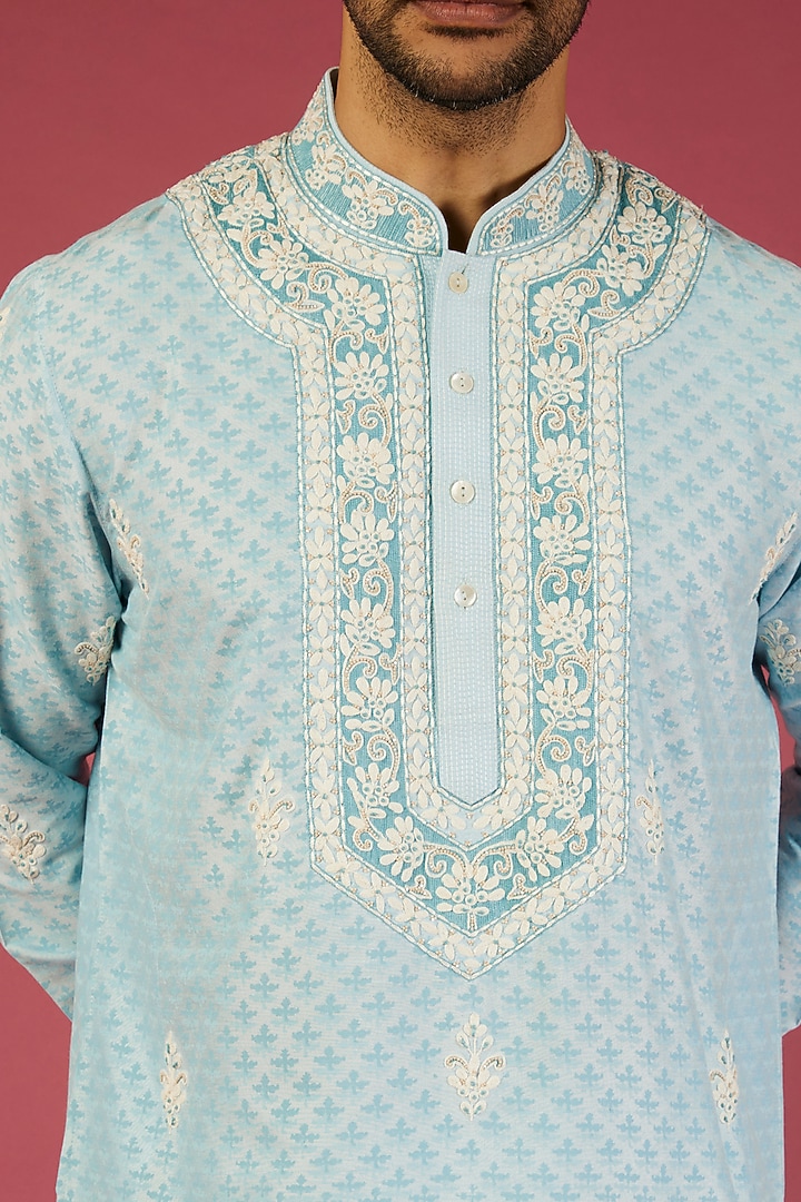 Sky Blue Tussar Embroidered Kurta Set by Krishna Mehta Men at Pernia's Pop Up Shop