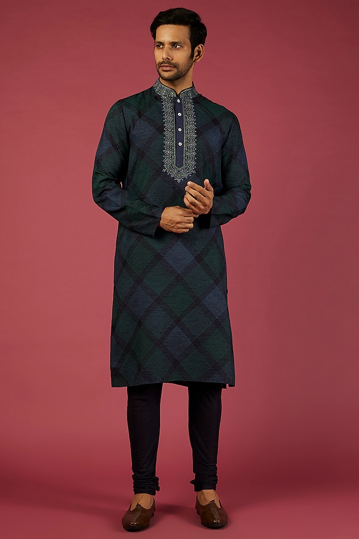 Navy Blue Printed Kurta Set by Krishna Mehta Men