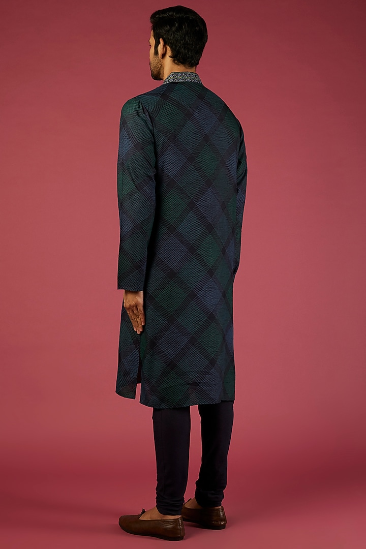 Navy Blue Tussar Printed & Embroidered Kurta Set by Krishna Mehta Men at Pernia's Pop Up Shop