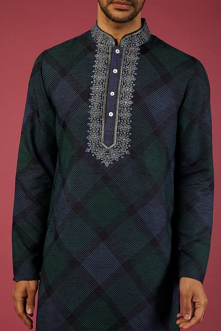 Navy Blue Tussar Printed & Embroidered Kurta Set by Krishna Mehta Men at Pernia's Pop Up Shop