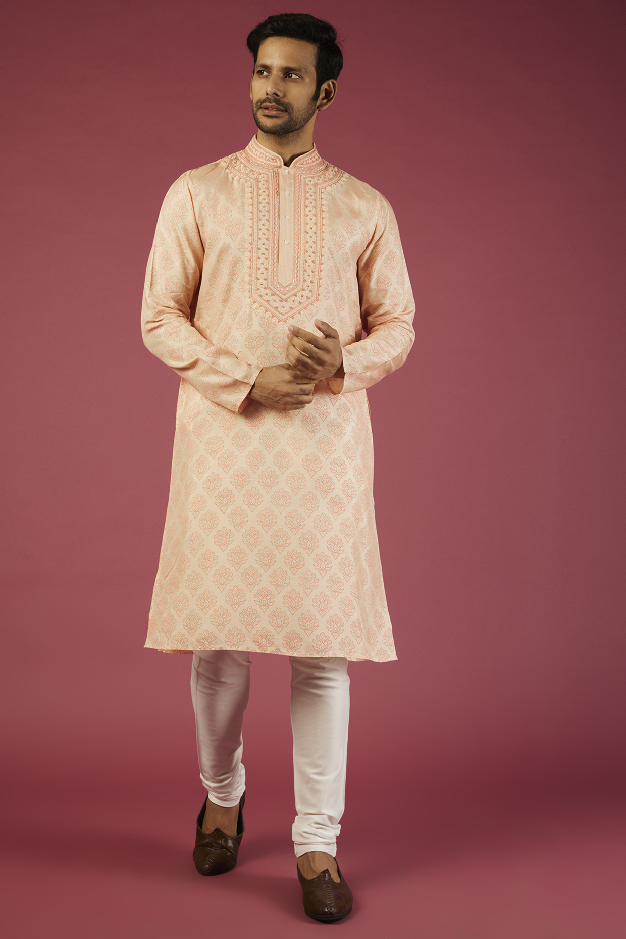 Peach Tussar Floral Printed & Hand Embroidered Kurta Set by Krishna Mehta Men at Pernia's Pop Up Shop