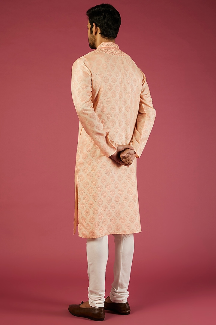 Peach Tussar Floral Printed & Hand Embroidered Kurta Set by Krishna Mehta Men at Pernia's Pop Up Shop