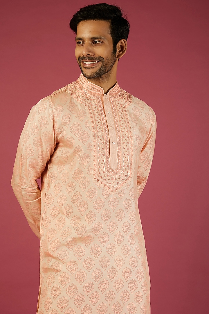 Peach Tussar Floral Printed & Hand Embroidered Kurta Set by Krishna Mehta Men at Pernia's Pop Up Shop