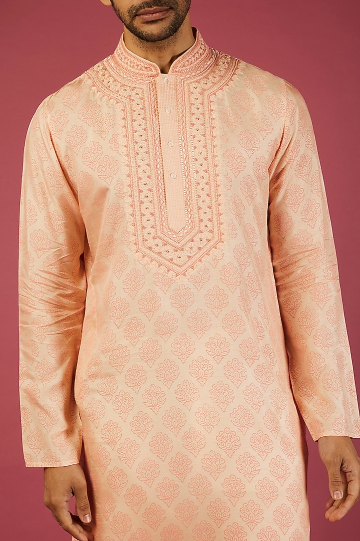 Peach Tussar Floral Printed & Hand Embroidered Kurta Set by Krishna Mehta Men at Pernia's Pop Up Shop