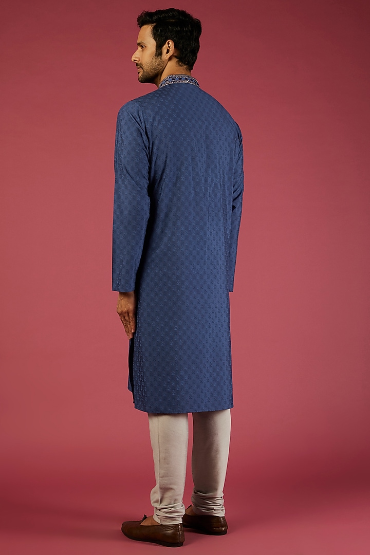 Indigo Blue Tussar Printed & Embroidered Kurta Set by Krishna Mehta Men at Pernia's Pop Up Shop