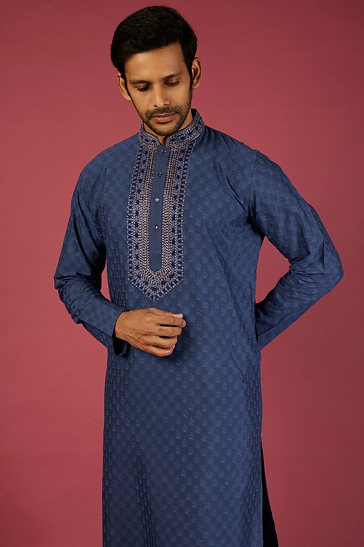 Indigo Blue Tussar Printed & Embroidered Kurta Set by Krishna Mehta Men at Pernia's Pop Up Shop