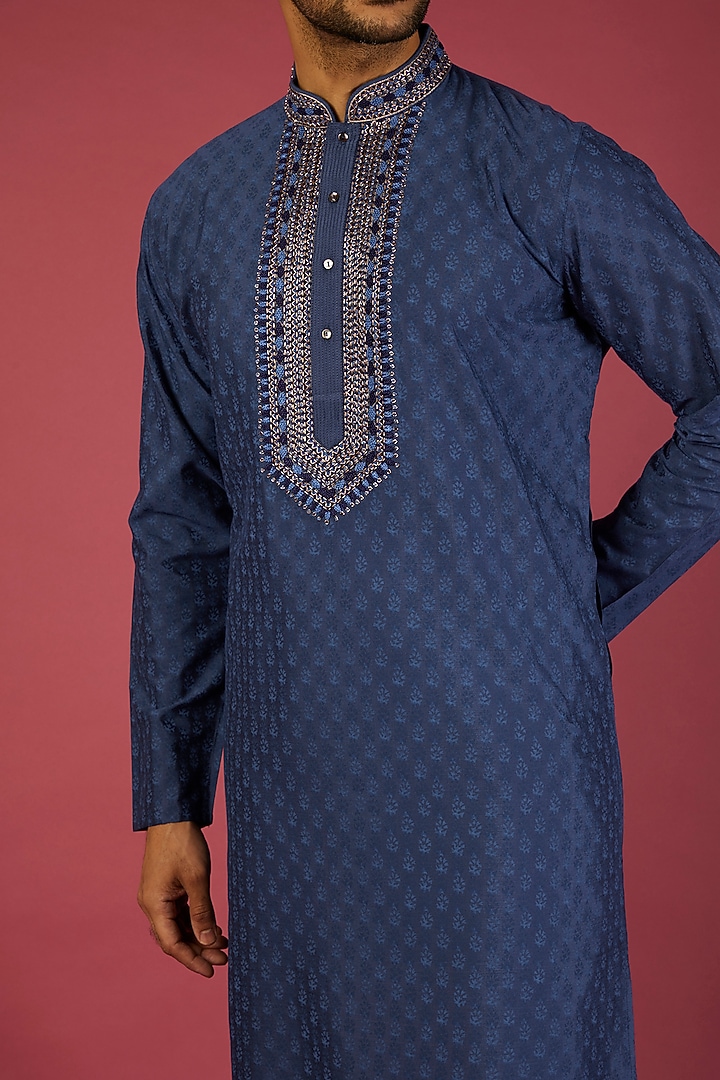Indigo Blue Tussar Printed & Embroidered Kurta Set by Krishna Mehta Men at Pernia's Pop Up Shop