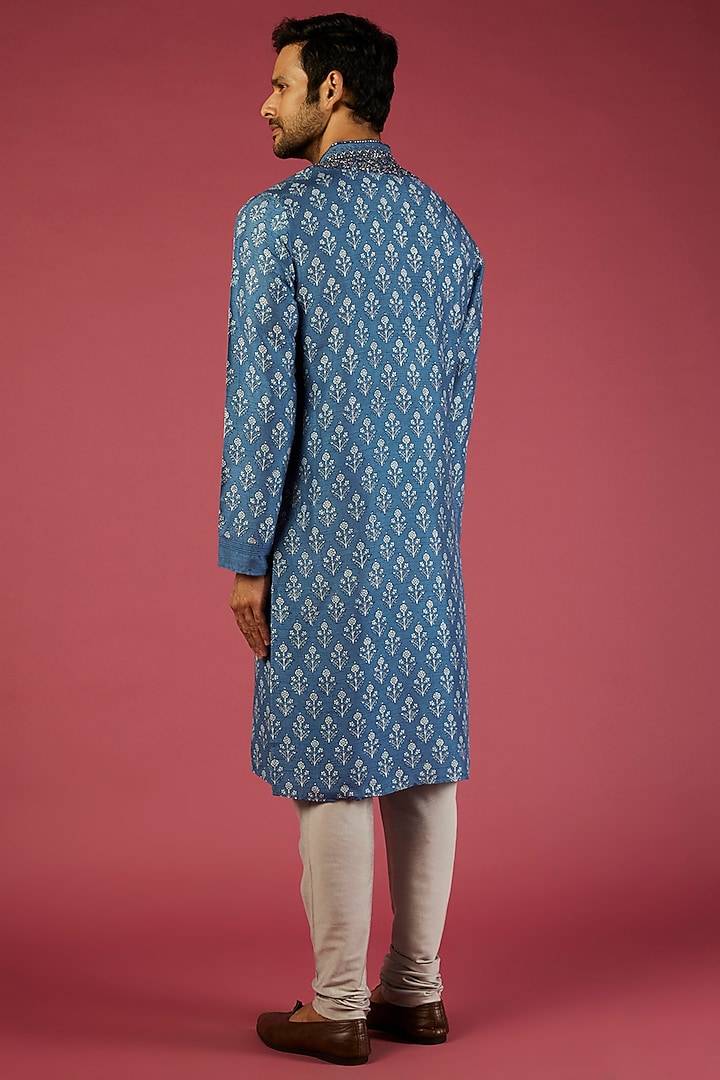 Indigo Blue Tussar Printed & Embroidered Kurta Set by Krishna Mehta Men at Pernia's Pop Up Shop