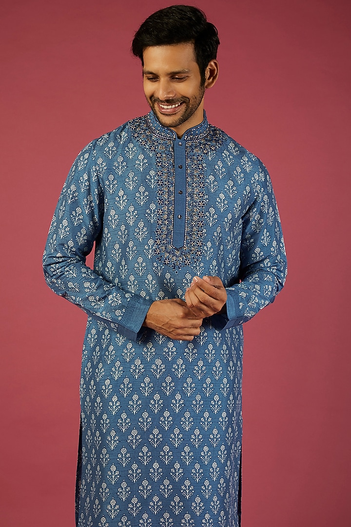 Indigo Blue Tussar Printed & Embroidered Kurta Set by Krishna Mehta Men at Pernia's Pop Up Shop