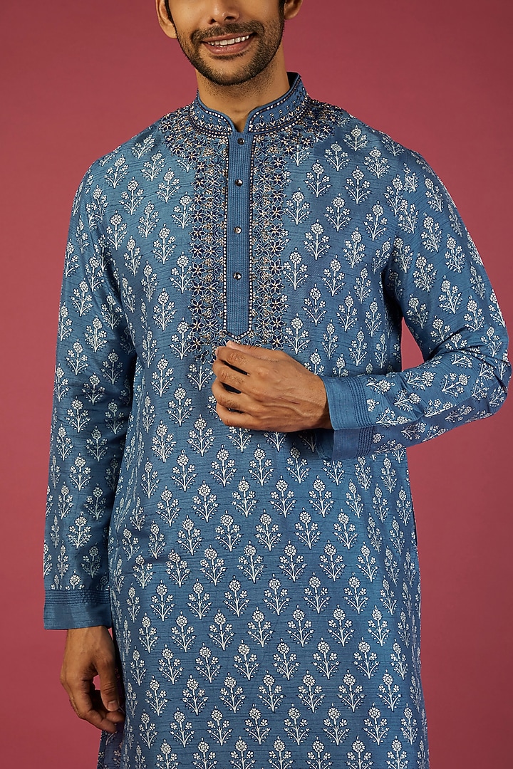 Indigo Blue Tussar Printed & Embroidered Kurta Set by Krishna Mehta Men at Pernia's Pop Up Shop