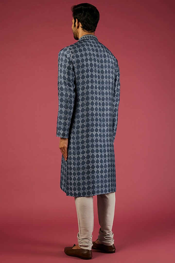 Navy Blue Tussar Printed & Embroidered Kurta Set by Krishna Mehta Men at Pernia's Pop Up Shop