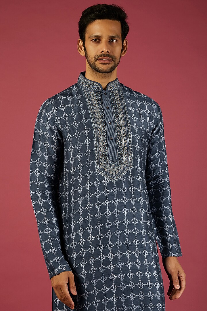 Navy Blue Tussar Printed & Embroidered Kurta Set by Krishna Mehta Men at Pernia's Pop Up Shop