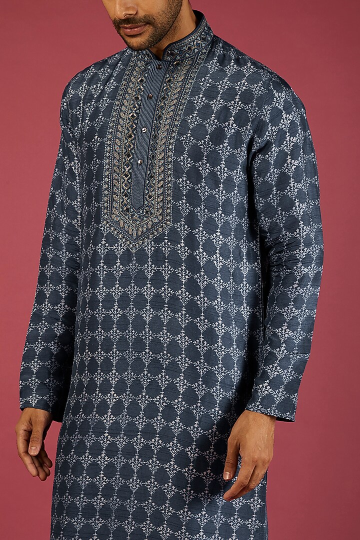 Navy Blue Tussar Printed & Embroidered Kurta Set by Krishna Mehta Men at Pernia's Pop Up Shop