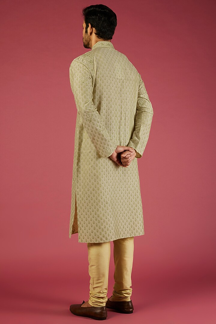 Pista Green Tussar Geometric Block Printed & Embroidered Kurta Set by Krishna Mehta Men at Pernia's Pop Up Shop