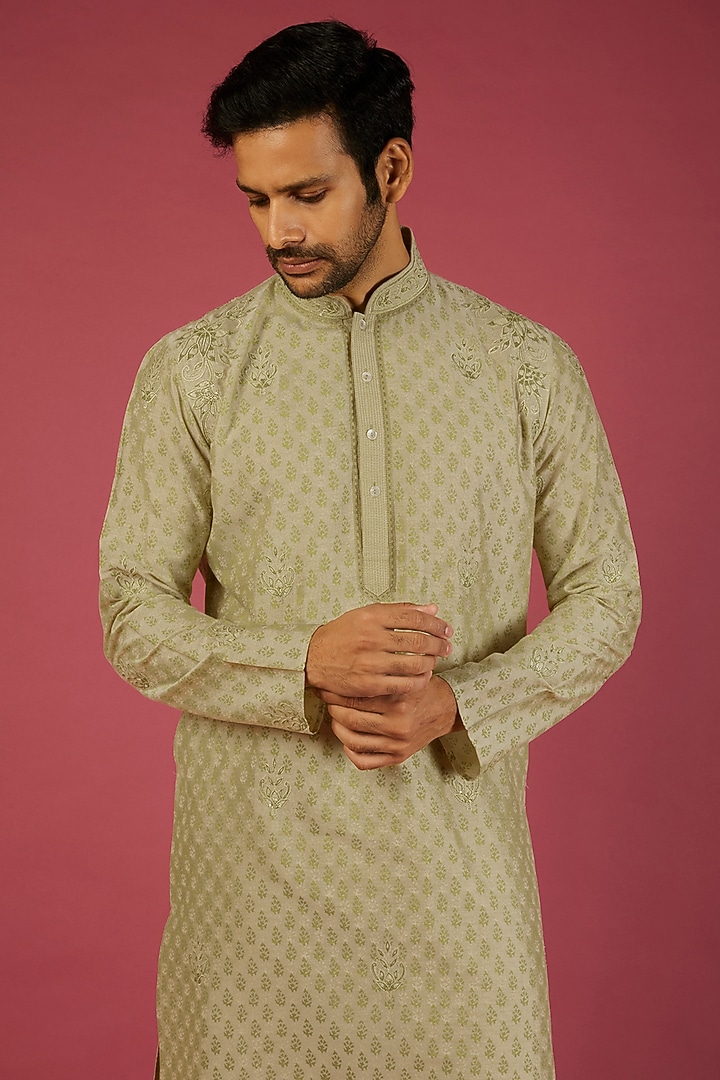 Pista Green Tussar Geometric Block Printed & Embroidered Kurta Set by Krishna Mehta Men at Pernia's Pop Up Shop