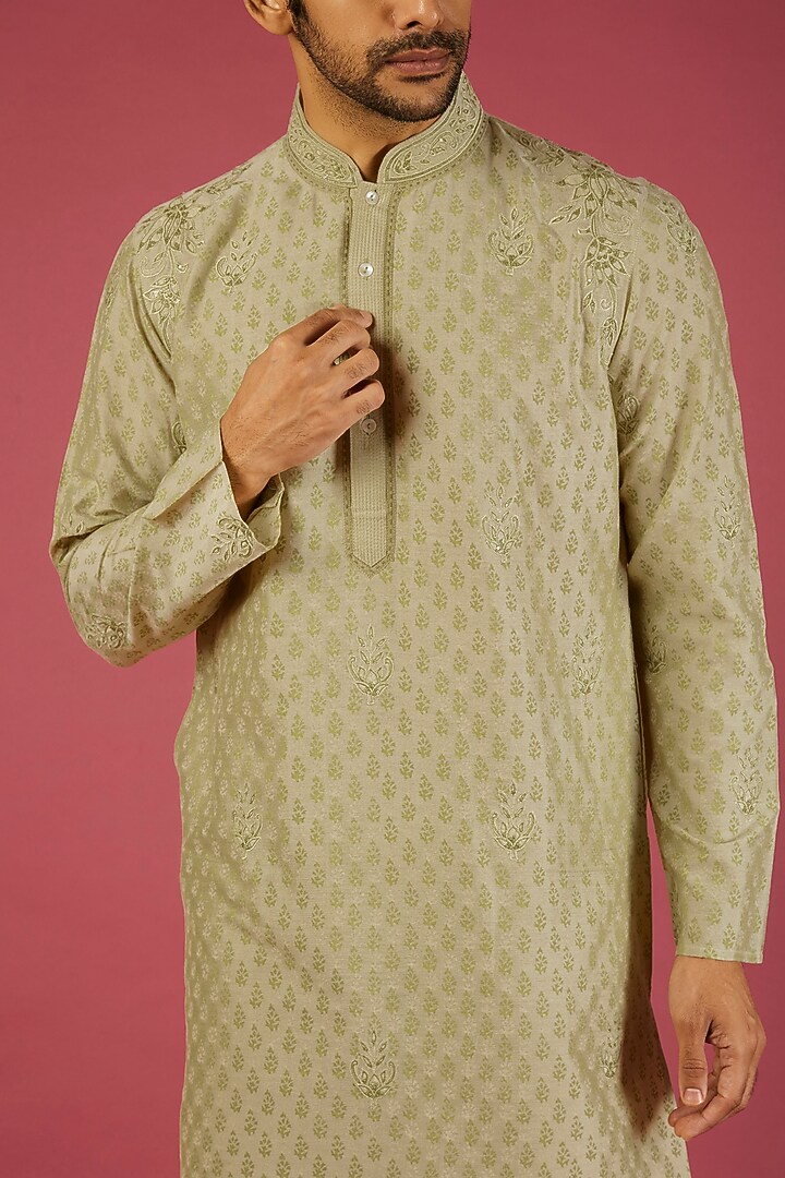 Pista Green Tussar Geometric Block Printed & Embroidered Kurta Set by Krishna Mehta Men at Pernia's Pop Up Shop