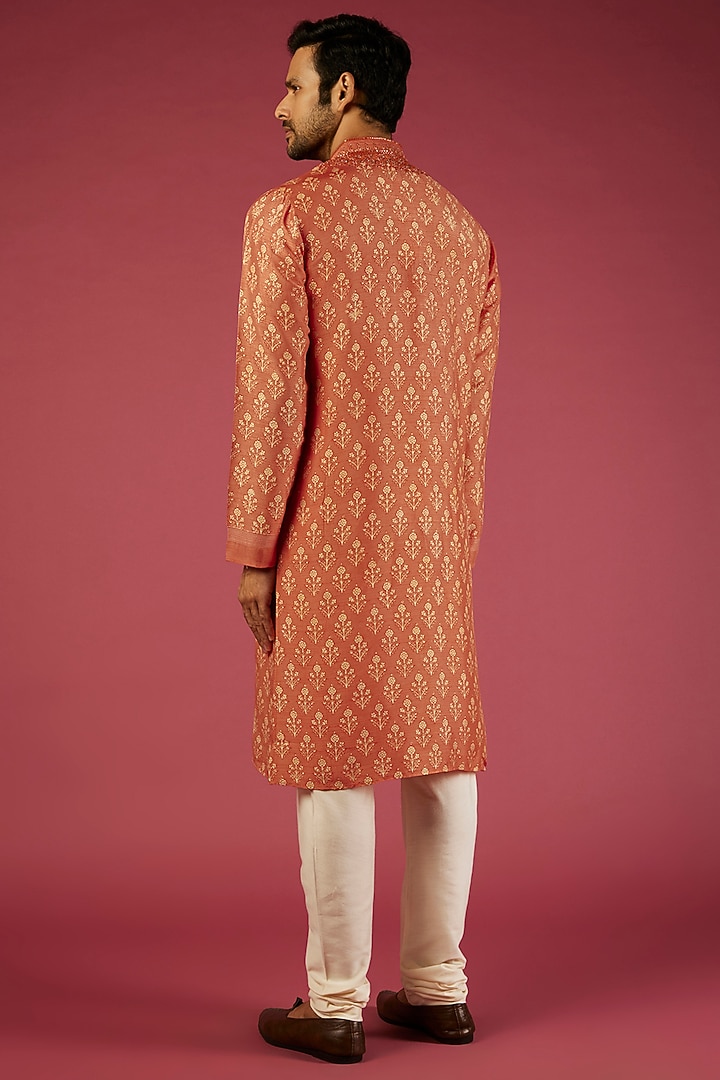 Orange Tussar Floral Block Printed Kurta Set by Krishna Mehta Men at Pernia's Pop Up Shop