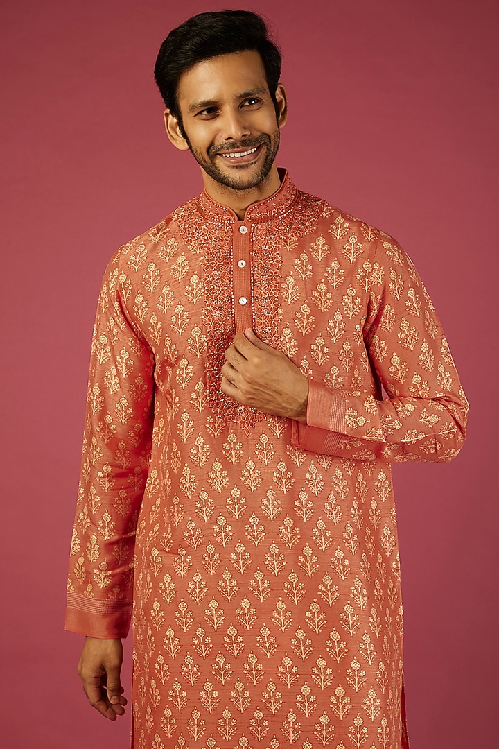 Orange Tussar Floral Block Printed Kurta Set by Krishna Mehta Men at Pernia's Pop Up Shop
