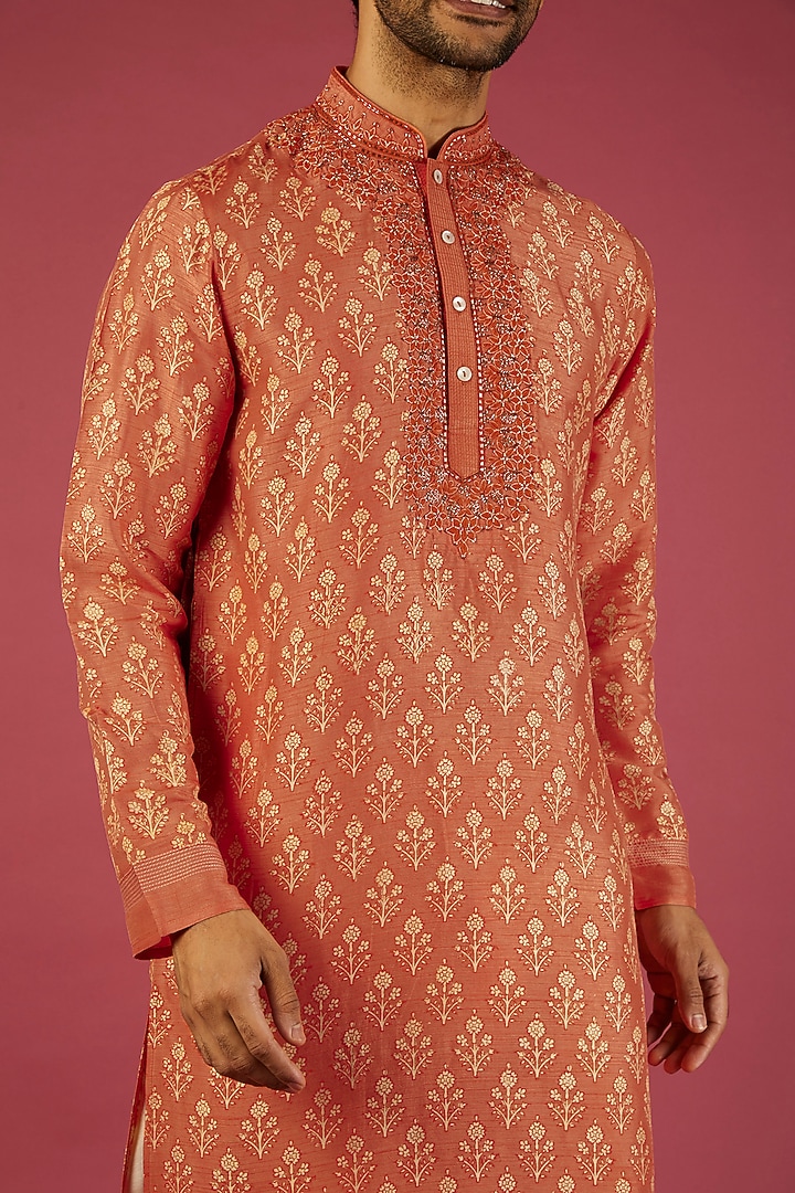 Orange Tussar Floral Block Printed Kurta Set by Krishna Mehta Men at Pernia's Pop Up Shop