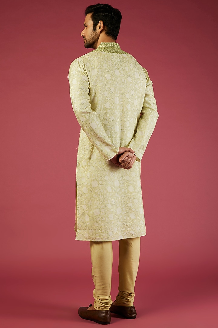 Light Green Tussar Cord & Mirror Embroidered Kurta Set by Krishna Mehta Men at Pernia's Pop Up Shop