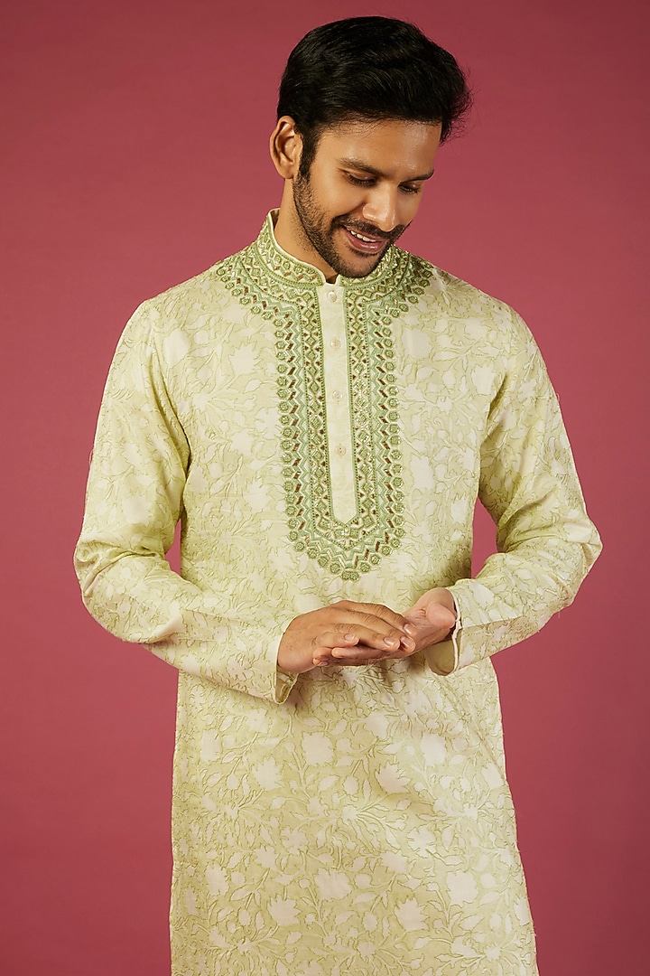 Light Green Tussar Cord & Mirror Embroidered Kurta Set by Krishna Mehta Men at Pernia's Pop Up Shop