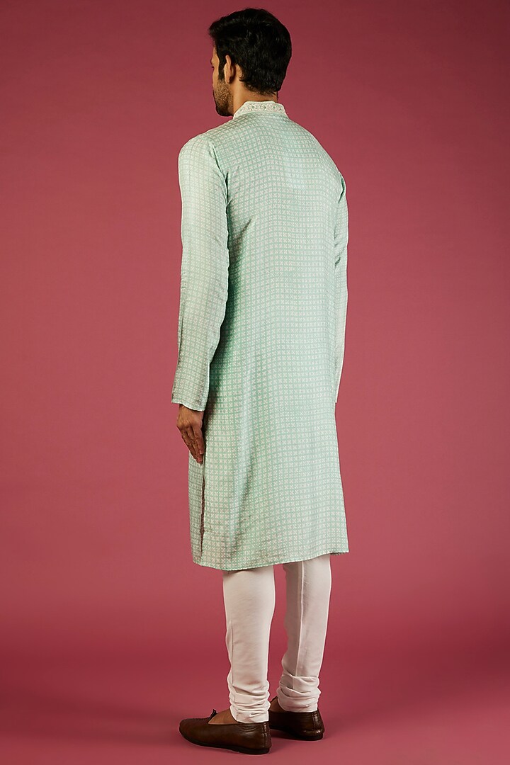 Green Tussar Embroidered & Printed Kurta Set by Krishna Mehta Men at Pernia's Pop Up Shop