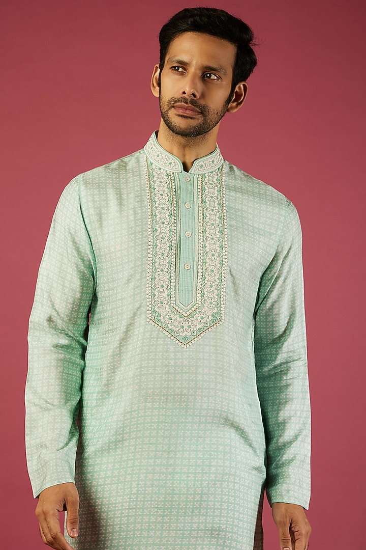Green Tussar Embroidered & Printed Kurta Set by Krishna Mehta Men at Pernia's Pop Up Shop