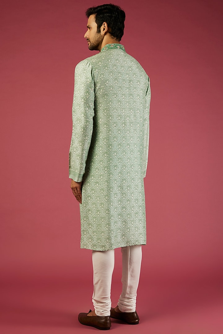 Green Tussar Floral Printed & Embroidered Kurta Set by Krishna Mehta Men at Pernia's Pop Up Shop