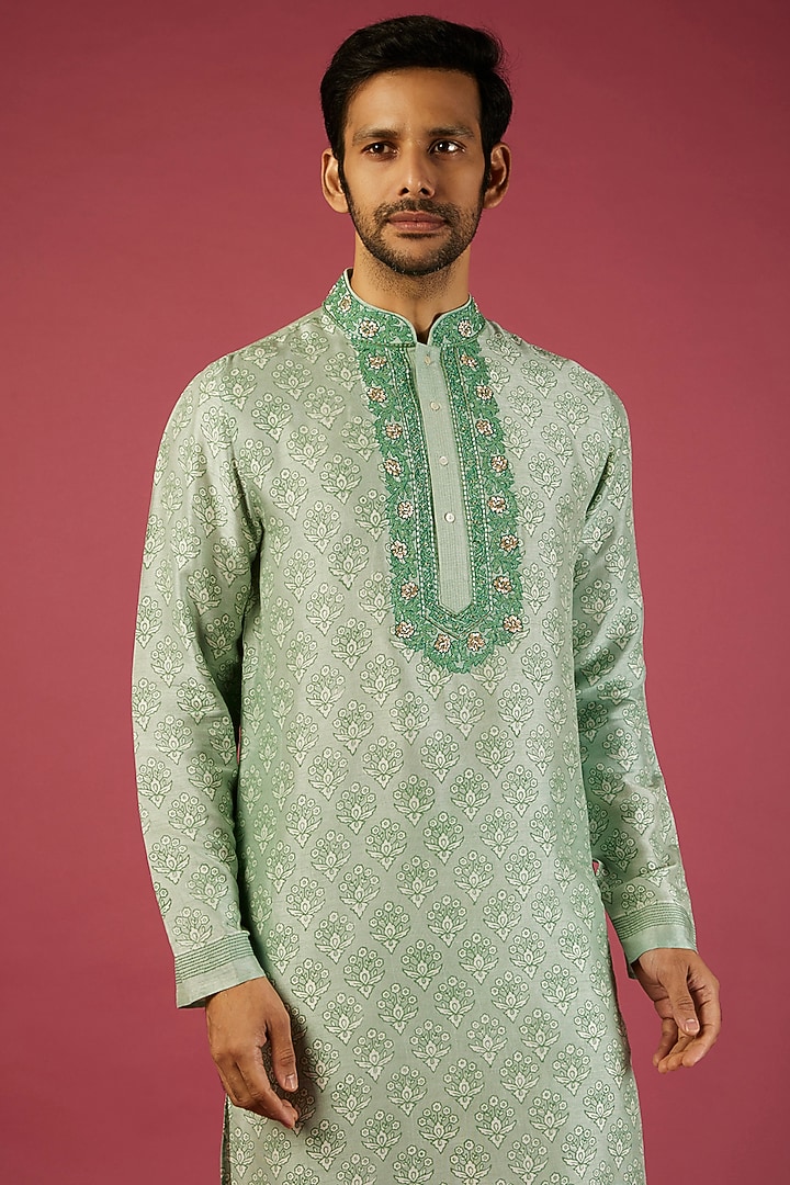 Green Tussar Floral Printed & Embroidered Kurta Set by Krishna Mehta Men at Pernia's Pop Up Shop