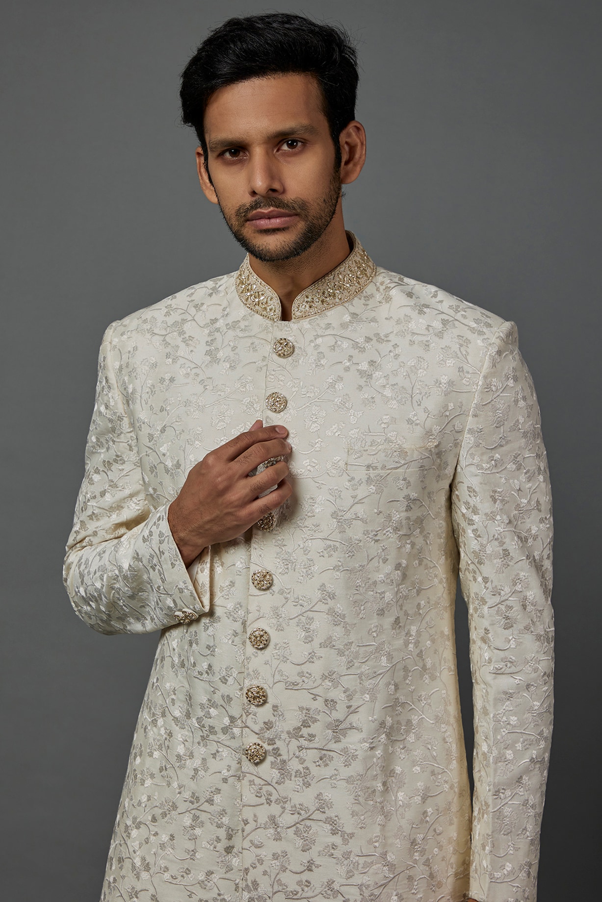 Buy Krishna Mehta Men White Embroidered Sherwani Set at Pernia ...