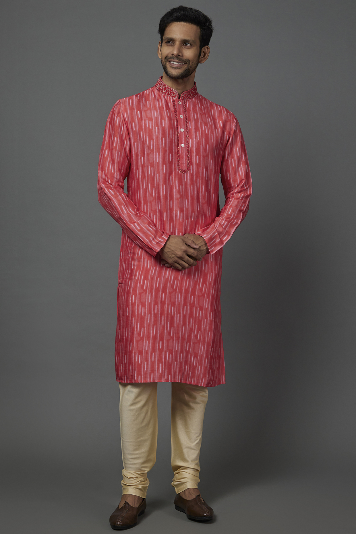Red Digital Printed Kurta Set by Krishna Mehta Men