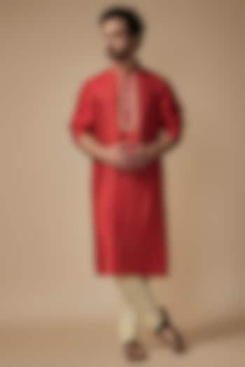 Red Tussar Zardosi Embroidered Kurta Set by Krishna Mehta Men at Pernia's Pop Up Shop