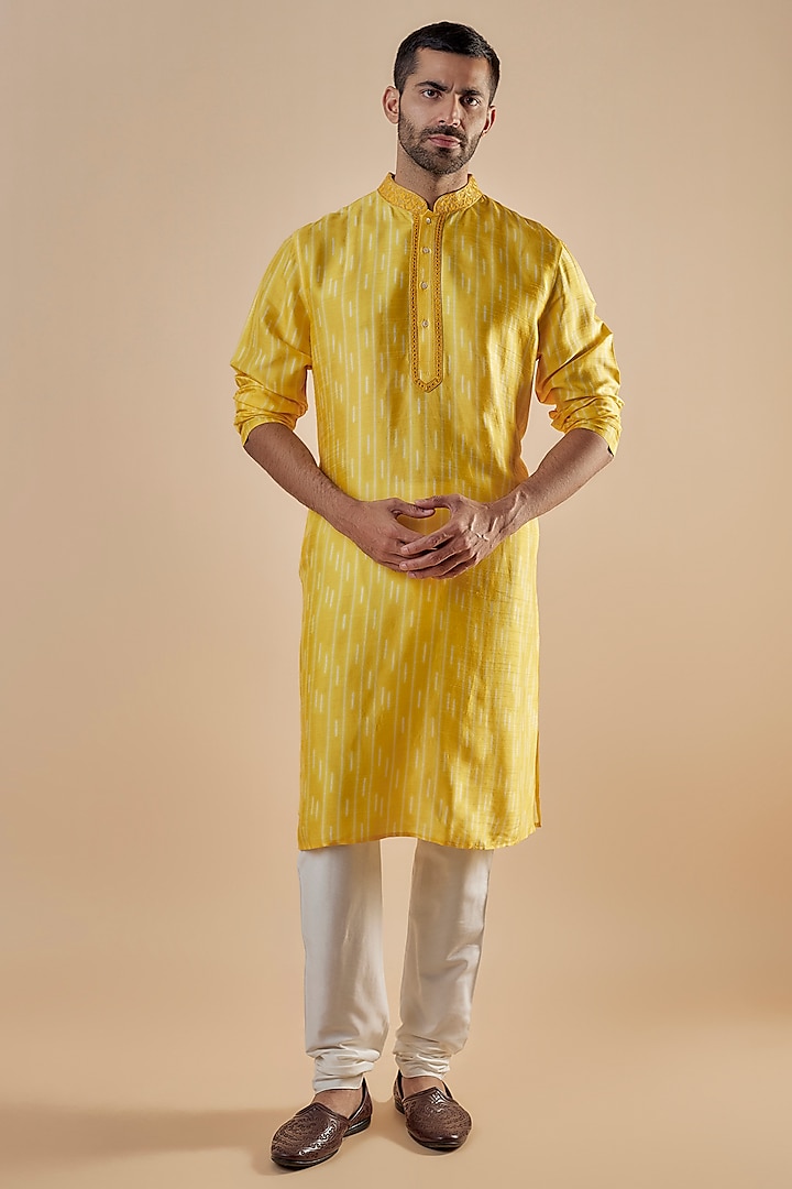 Yellow Tussar Hand Embroidered & Geometric Printed Kurta Set by Krishna Mehta Men