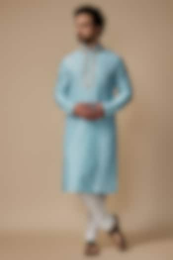 Sky Blue Tussar Embroidered Kurta Set by Krishna Mehta Men at Pernia's Pop Up Shop