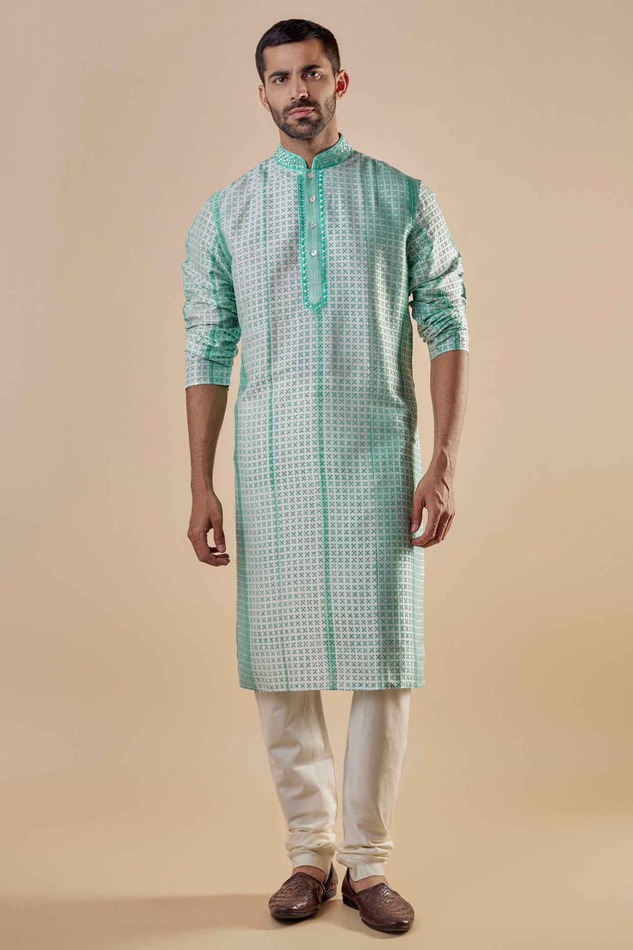 Buy Cream Thread Work Mehndi Kurta Payjama With Jacket Online - Mens