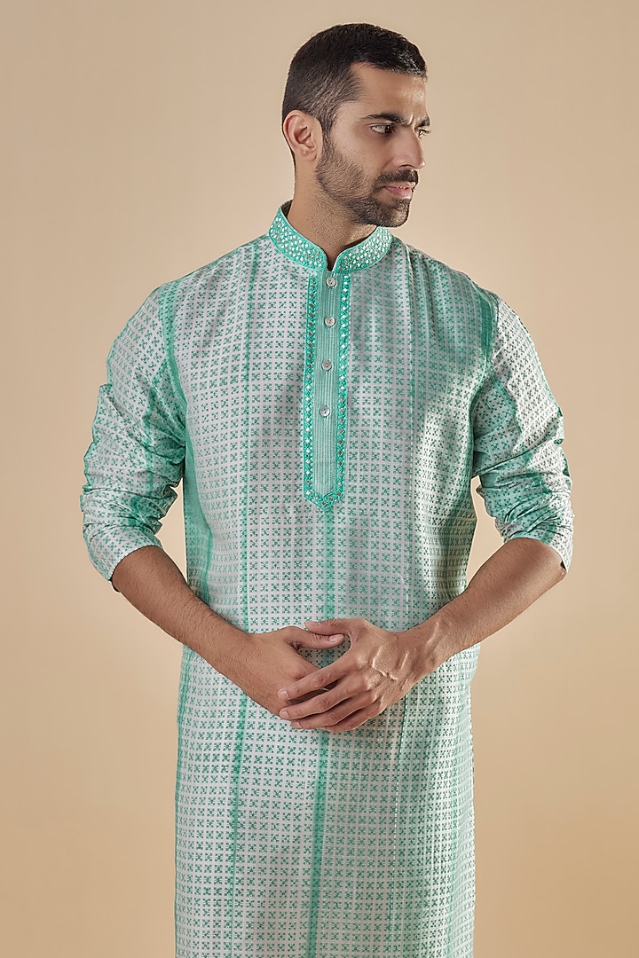 Green Tussar Hand Embroidered & Geometric Printed Kurta Set by Krishna Mehta Men at Pernia's Pop Up Shop